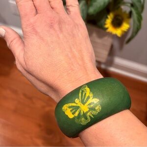 Fossil Green Painted wood Bangle Bracelet with Yellow Butterfly Design